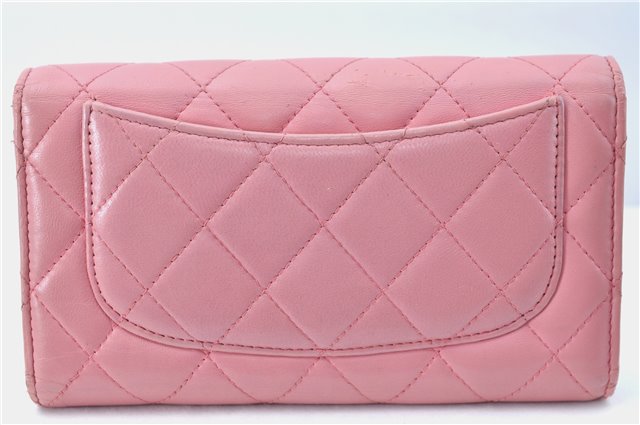 Authentic CHANEL Lamb Skin Matelasse Long Wallet Purse Light Pink CC Box J1371