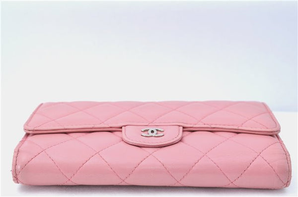 Authentic CHANEL Lamb Skin Matelasse Long Wallet Purse Light Pink CC Box J1371