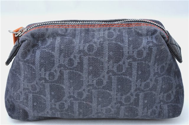 Authentic Christian Dior Trotter Pouch Purse Denim Leather Navy Blue J1376