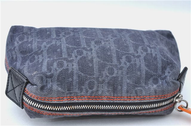 Authentic Christian Dior Trotter Pouch Purse Denim Leather Navy Blue J1376