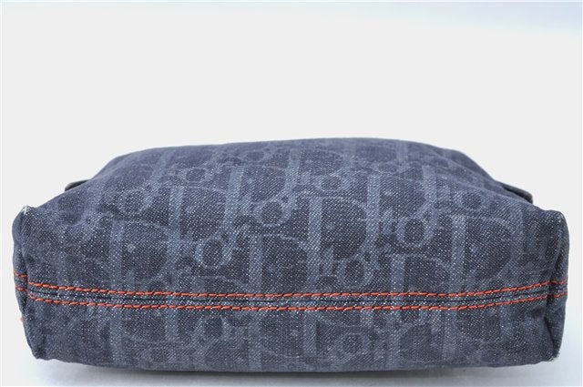 Authentic Christian Dior Trotter Pouch Purse Denim Leather Navy Blue J1376