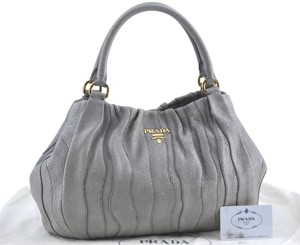 Authentic PRADA Leather Nappa Shoulder Tote Bag Purse BR3957 Silver J1378