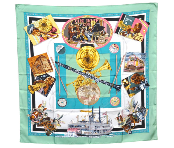 HERMES Carre 90 Scarf "THE ORIGINAL NEW ORLEANS CREOLE JAZZ" Silk Green J1379