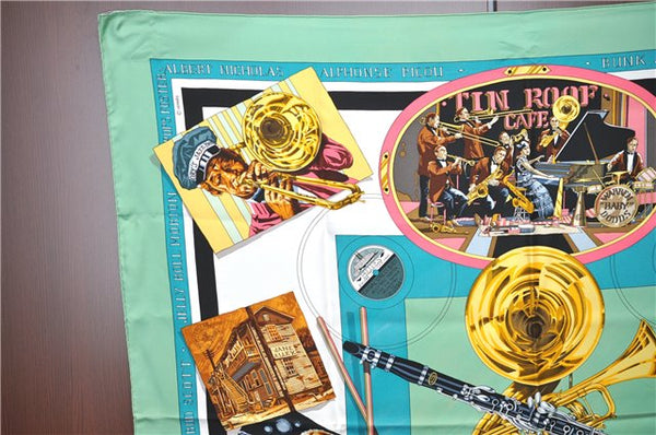 HERMES Carre 90 Scarf "THE ORIGINAL NEW ORLEANS CREOLE JAZZ" Silk Green J1379