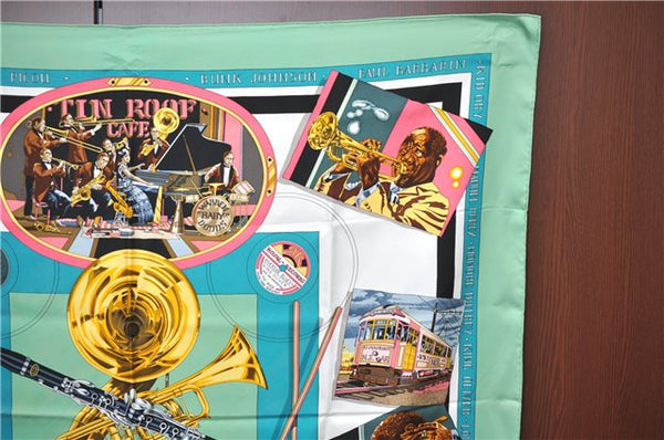 HERMES Carre 90 Scarf "THE ORIGINAL NEW ORLEANS CREOLE JAZZ" Silk Green J1379