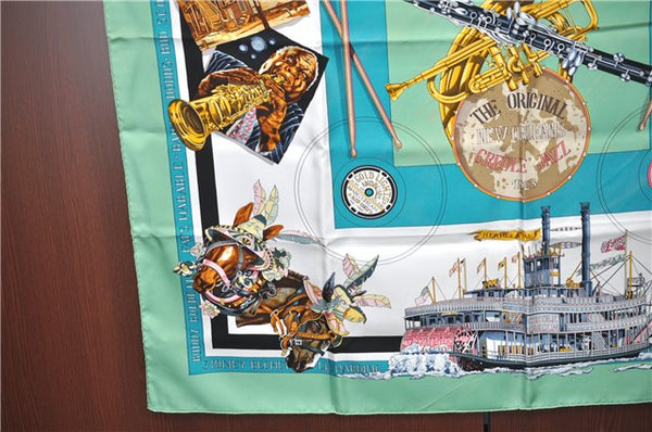 HERMES Carre 90 Scarf "THE ORIGINAL NEW ORLEANS CREOLE JAZZ" Silk Green J1379