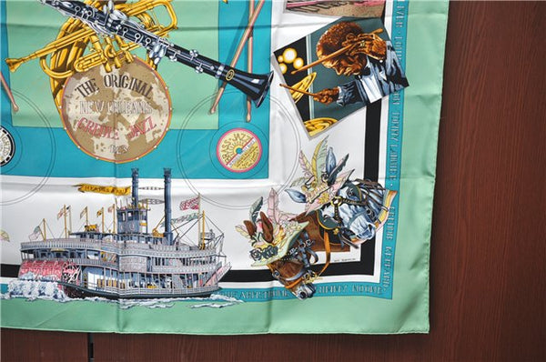 HERMES Carre 90 Scarf "THE ORIGINAL NEW ORLEANS CREOLE JAZZ" Silk Green J1379
