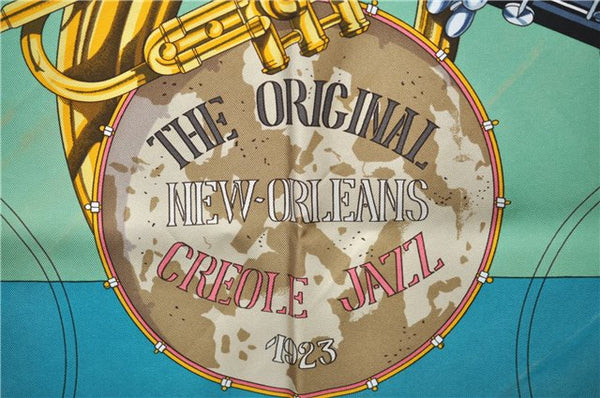 HERMES Carre 90 Scarf "THE ORIGINAL NEW ORLEANS CREOLE JAZZ" Silk Green J1379