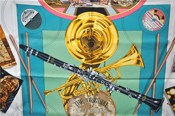 HERMES Carre 90 Scarf "THE ORIGINAL NEW ORLEANS CREOLE JAZZ" Silk Green J1379