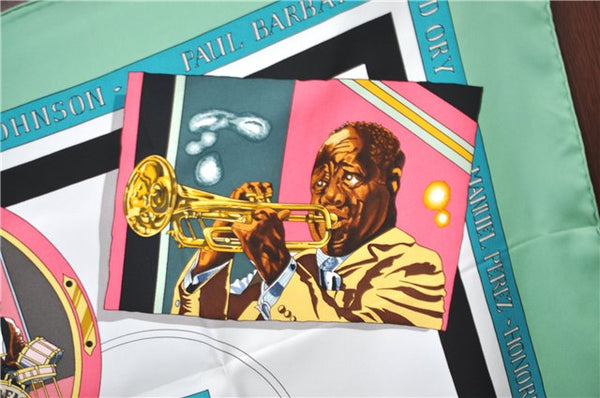 HERMES Carre 90 Scarf "THE ORIGINAL NEW ORLEANS CREOLE JAZZ" Silk Green J1379