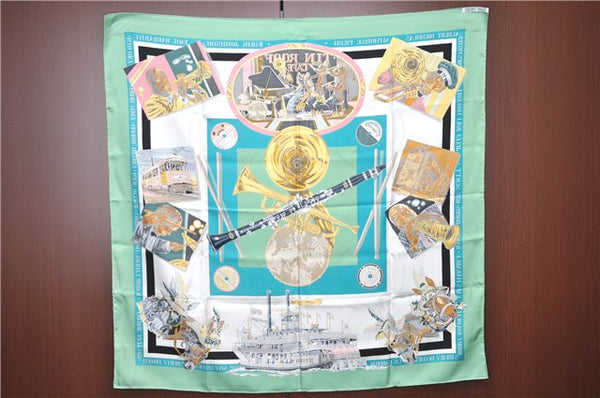 HERMES Carre 90 Scarf "THE ORIGINAL NEW ORLEANS CREOLE JAZZ" Silk Green J1379