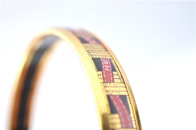 Authentic HERMES Email PM Bangle Ribbon Motif Gold Black Red J1393