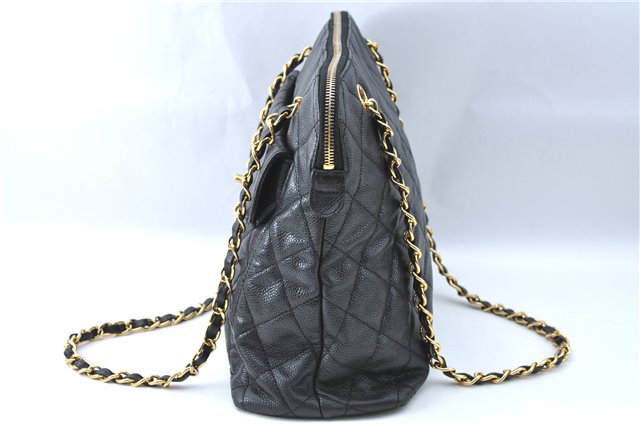 Authentic CHANEL Caviar Skin CC Logo Chain Shoulder Tote Bag Purse Black J1416