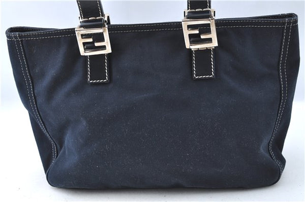 Authentic FENDI Canvas Leather Hand Tote Bag Navy Blue J1436