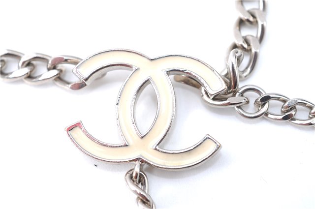 Authentic CHANEL Chain Belt CC Logos Silver White J1476