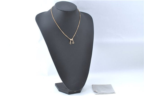 Authentic Christian Dior Ribbon Gold Tone Chain Pendant Necklace CD J1479