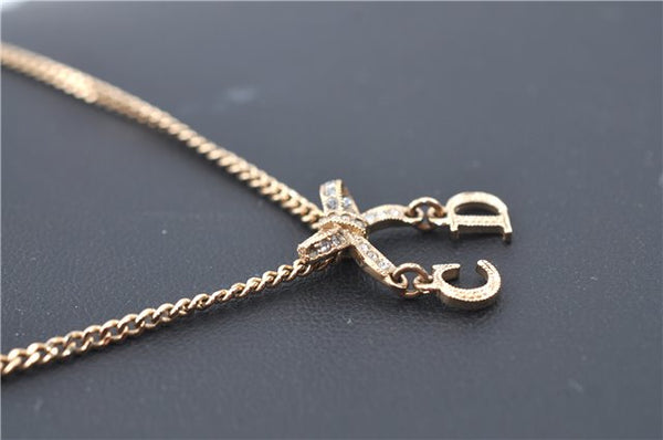 Authentic Christian Dior Ribbon Gold Tone Chain Pendant Necklace CD J1479