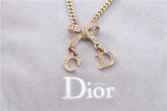 Authentic Christian Dior Ribbon Gold Tone Chain Pendant Necklace CD J1479