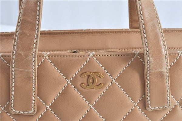 Authentic CHANEL Wild Stitch Matelasse Calf Skin Shoulder Hand Bag Beige J1511