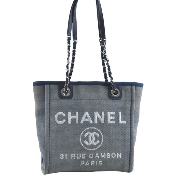 Auth CHANEL Deauville Line CC Logo Shoulder Tote Bag Canvas Leather Blue J1551