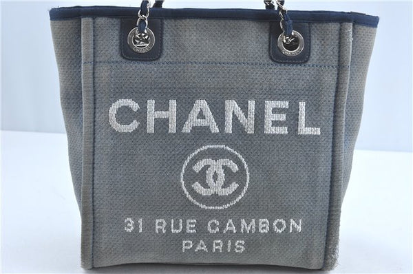 Auth CHANEL Deauville Line CC Logo Shoulder Tote Bag Canvas Leather Blue J1551