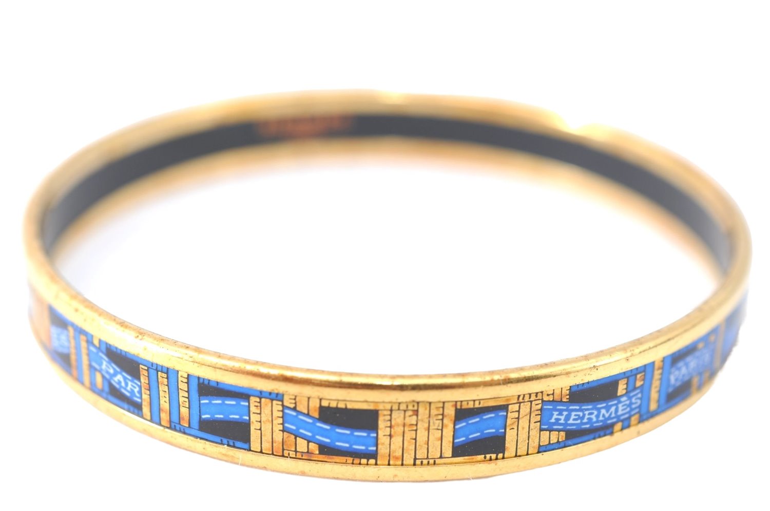 Authentic HERMES Email PM Bangle Ribbon Motif Gold Blue Black J1568