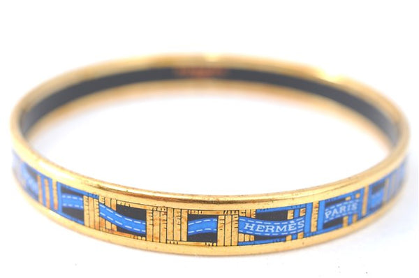 Authentic HERMES Email PM Bangle Ribbon Motif Gold Blue Black J1568