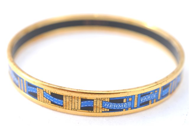 Authentic HERMES Email PM Bangle Ribbon Motif Gold Blue Black J1568