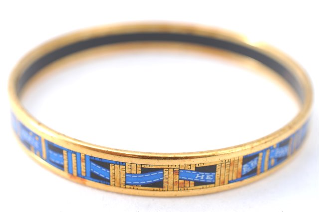 Authentic HERMES Email PM Bangle Ribbon Motif Gold Blue Black J1568