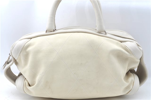 Auth CHANEL Wild Stitch Matelasse Calf Skin Hand Boston Bag Ivory White CC J1585