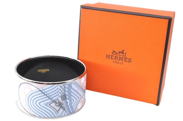 Authentic HERMES Bangle Belt Dots Motif Silver Beige Light Blue Box J1596