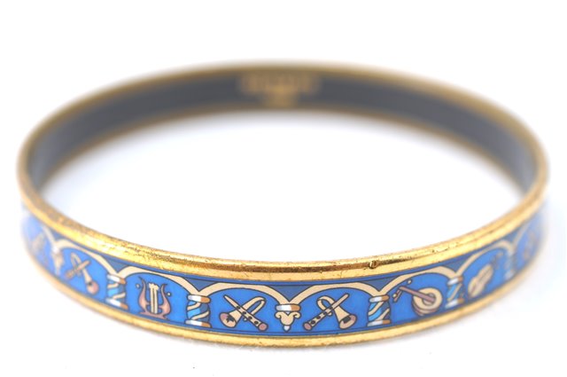 Authentic HERMES Email PM Bangle Instrument Motif Gold Blue J1626