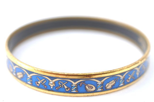 Authentic HERMES Email PM Bangle Instrument Motif Gold Blue J1626