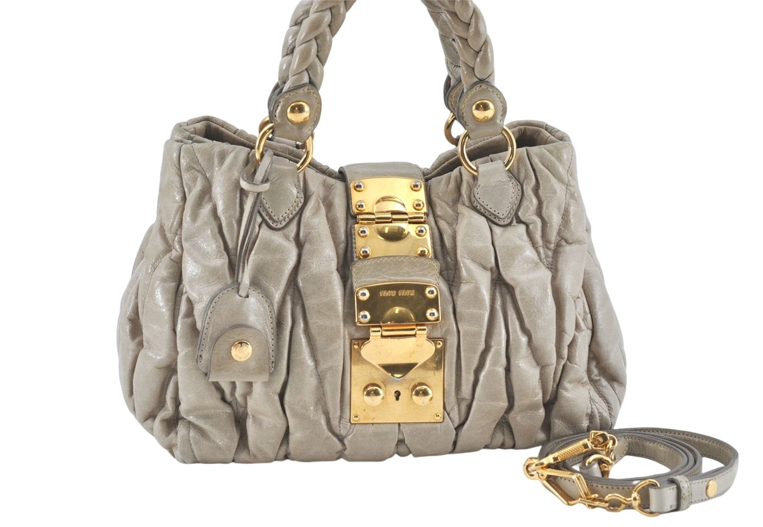 Authentic MIU MIU Leather 2Way Shoulder Hand Bag Purse Light Gray J1654