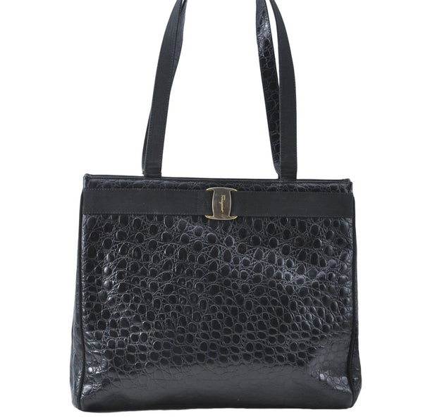 Salvatore Ferragamo Vara Crocodile Motif Leather Shoulder Tote Bag Black J1655