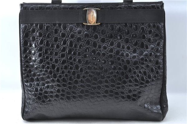 Salvatore Ferragamo Vara Crocodile Motif Leather Shoulder Tote Bag Black J1655