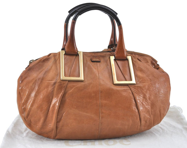 Authentic Chloe Ethel Shoulder Hand Bag Leather Enamel Brown J1670