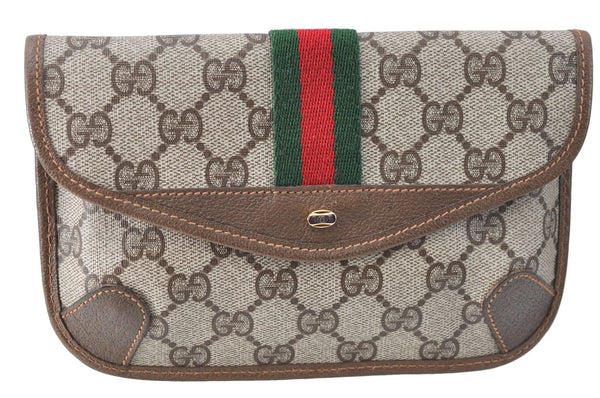 Authentic GUCCI Web Sherry Line Pouch Purse GG PVC Leather Brown J1672