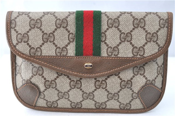 Authentic GUCCI Web Sherry Line Pouch Purse GG PVC Leather Brown J1672