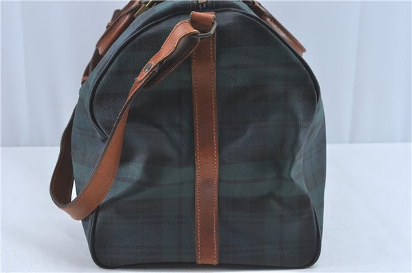 Auth POLO Ralph Lauren Vintage Check PVC Leather Travel Boston Bag Green J1676