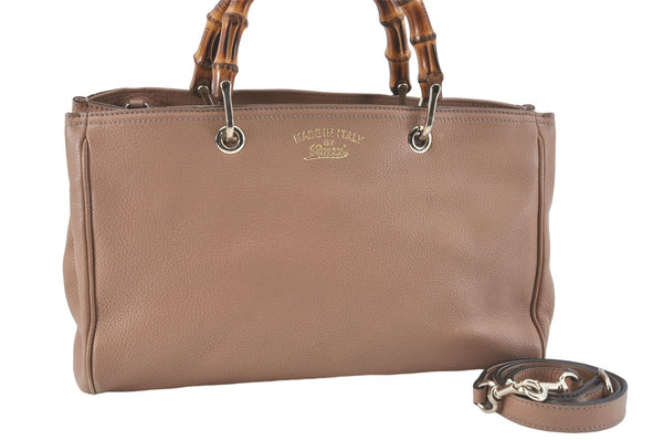 Authenic GUCCI Bamboo Shopper Medium 2Way Shoulder Hand Bag Leather Beige J1686
