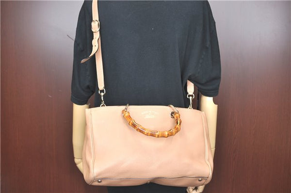 Authenic GUCCI Bamboo Shopper Medium 2Way Shoulder Hand Bag Leather Beige J1686