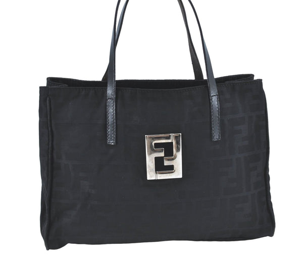 Authentic FENDI Zucca Hand Bag Purse Nylon Leather Black J1689