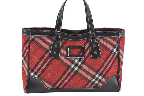 Authentic BURBERRY BLUE LABEL Check Tote Hand Bag Wool Leather Red J1696