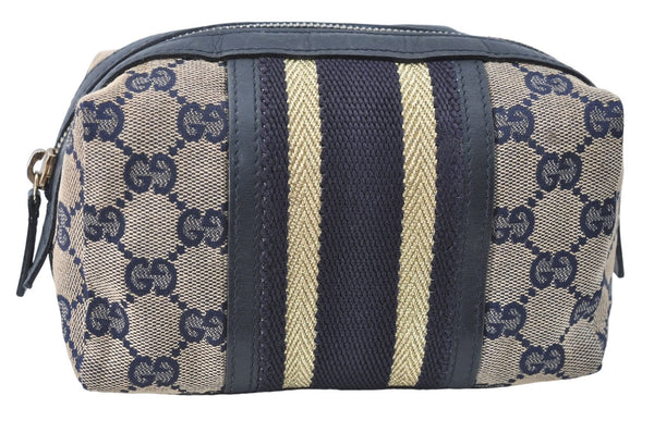 Authentic GUCCI Pouch Purse GG Canvas Leather 256636 Navy Blue J1704