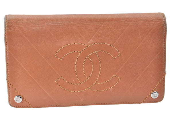 Authentic CHANEL Calf Skin Bifold Long Wallet Purse Beige CC Logo J1733