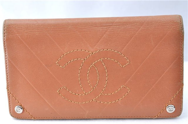 Authentic CHANEL Calf Skin Bifold Long Wallet Purse Beige CC Logo J1733