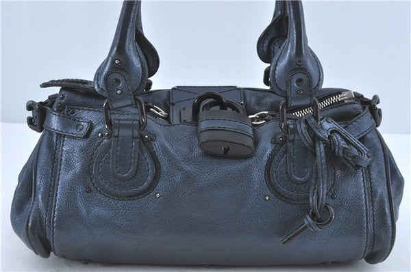 Authentic Chloe Paddington Leather Shoulder Hand Bag Blue J1734