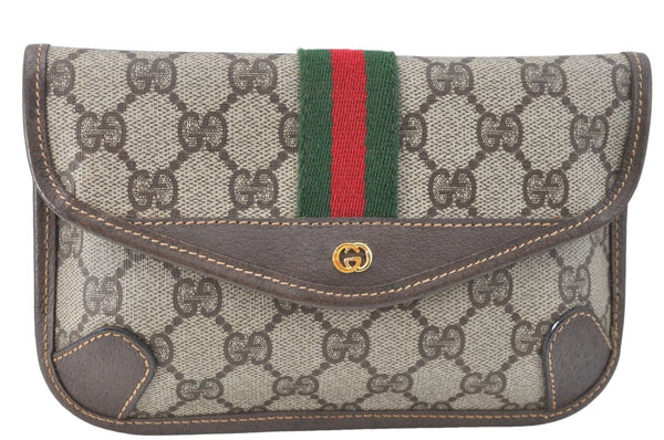 Authentic GUCCI Web Sherry Line Pouch Purse GG PVC Leather Brown J1739