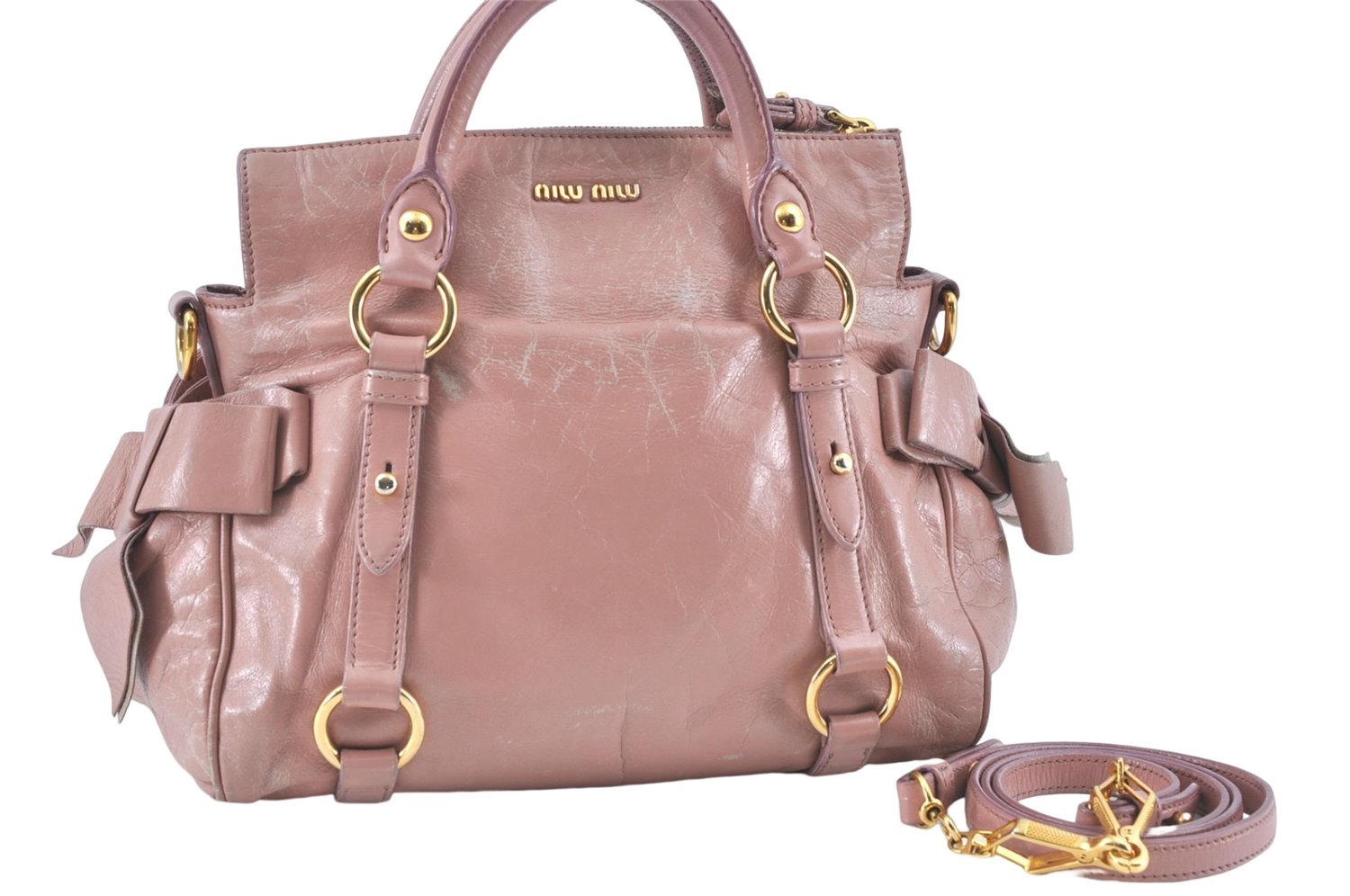 Authentic MIU MIU Ribbon Leather 2Way Shoulder Hand Bag Purse Pink J1758